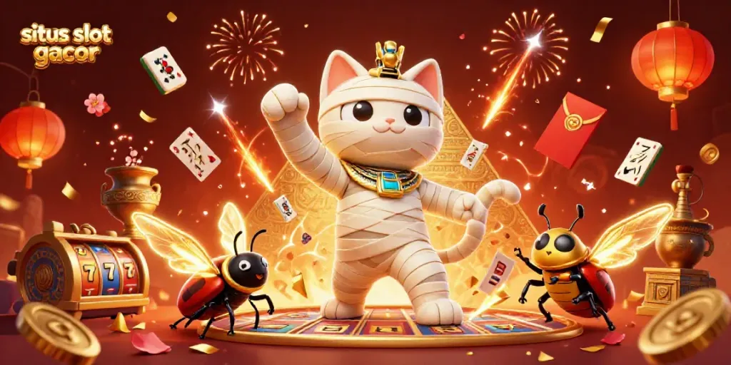 Join the excitement at situs slot gacor with a vibrant scene of a mummy cat, golden slot reels, and festive elements.