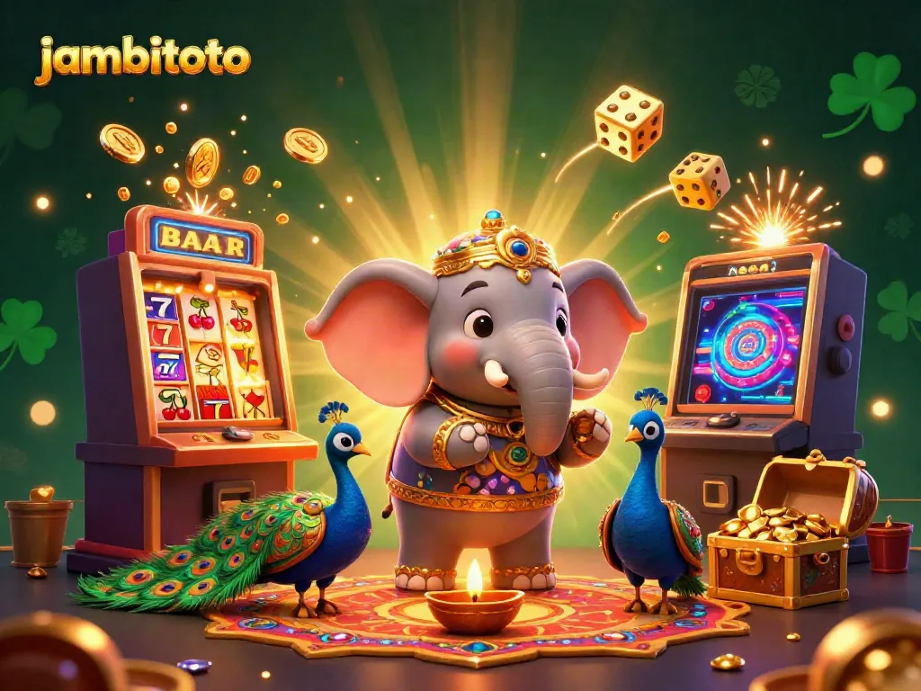 Experience the thrill with jambitoto's vibrant casino scene, showcasing exciting game elements and festive characters.