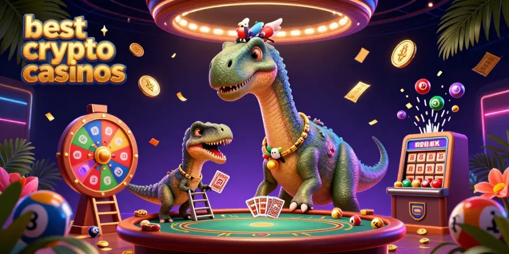 Experience the excitement of the best crypto casinos with a brontosaurus and clever raptor at a poker table.