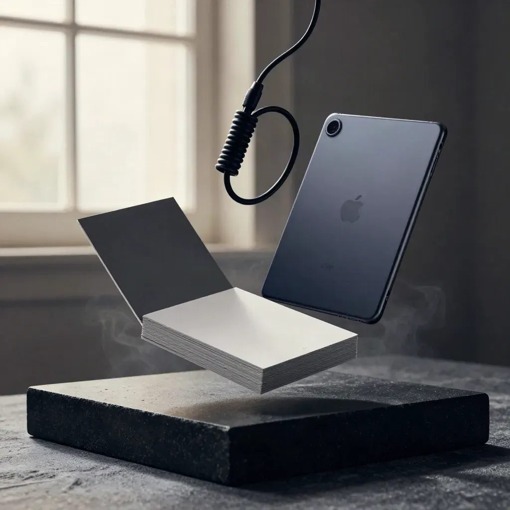 Floating store setup kit with matte box, cards, tablet and cable on a dark studio plinth.