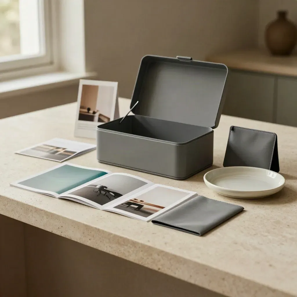 Launch week ecommerce bundle on stone counter with swatches, sleeve, and tray in soft window light.
