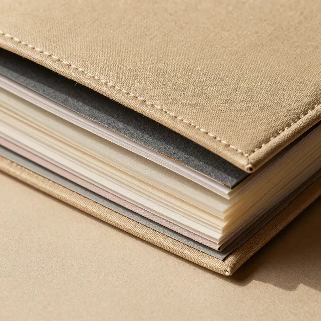 Top-down macro of binder, sample sleeves, fabric swatches, and stone paperweight on pale plaster.