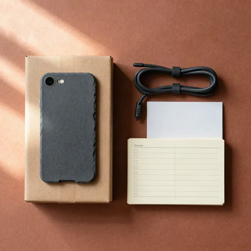 Overhead flatlay of a cable coil, phone stand, sealed box and blank cards on terracotta plaster.