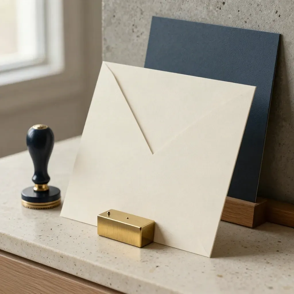 Travertine logo refresh pack with two blank cards, brass paperweight, stamp block, and sample board
