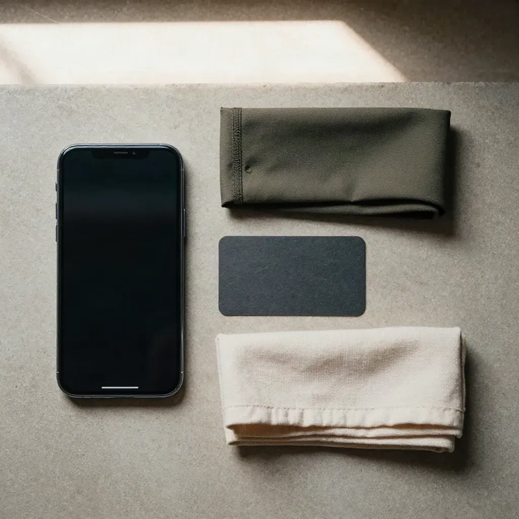 Overhead mobile cart check set with dark phone, folded sleeve, slate card and cloth on concrete.