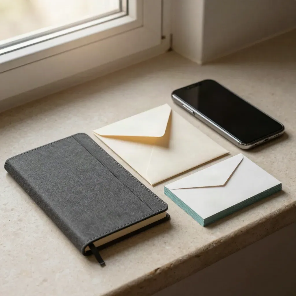 Macro welcome bundle: notebook, envelope, phone, and folded cards on stone with soft morning light.