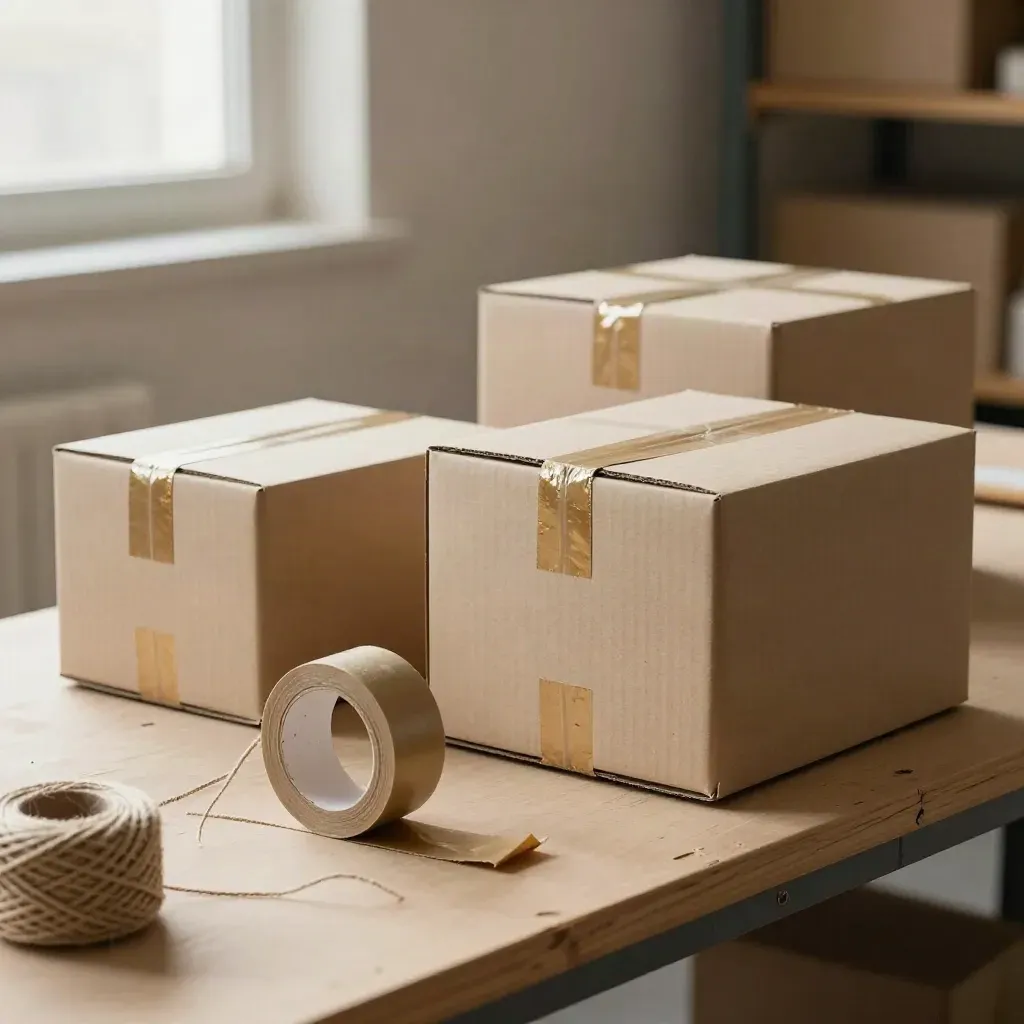 Parcel boxes and kraft tape on a pale packing bench in soft golden warehouse light.