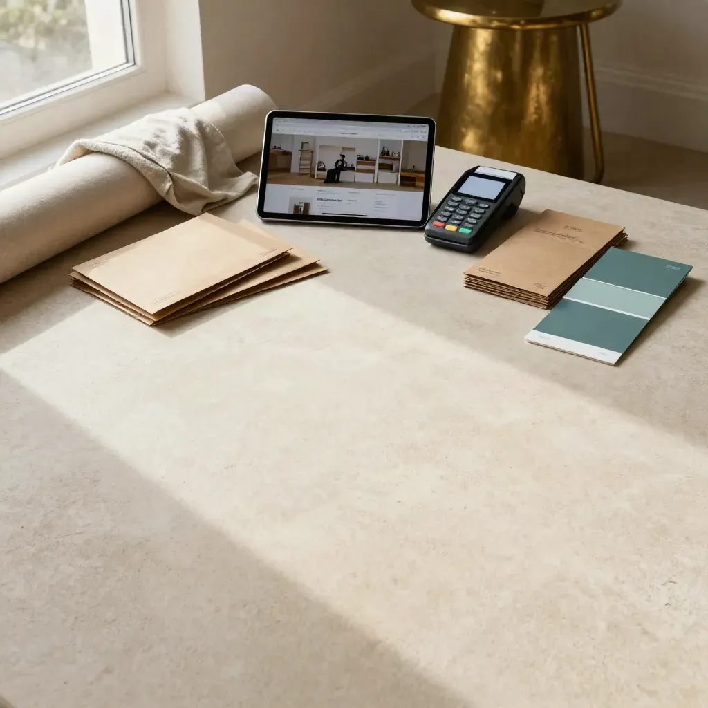 Warm plaster nook with launch tools, tablet, mailers, linen and brass stool in soft sunlit haze.