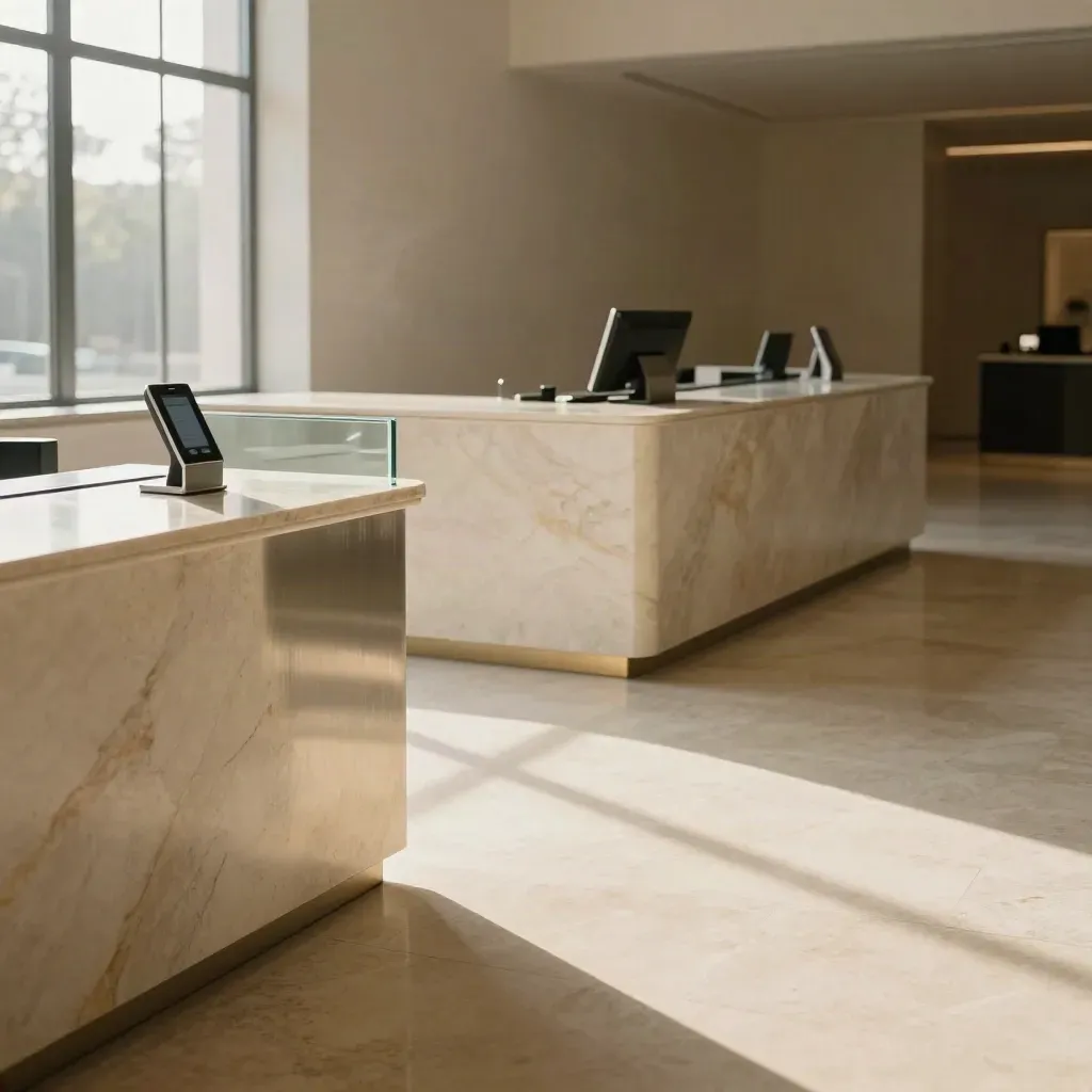 Sunlit marble checkout interior with payment kiosk details and calm copy space
