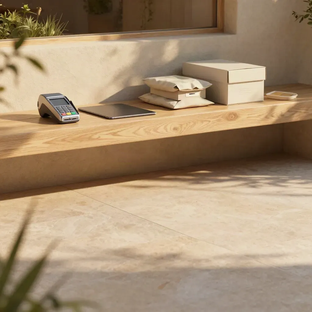 Sunlit patio with ecommerce launch tools on pale wood, calm open floor and greenery above.