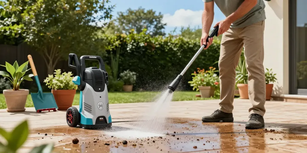 Bosch pressure washer in action, cleaning a patio in a vibrant outdoor garden