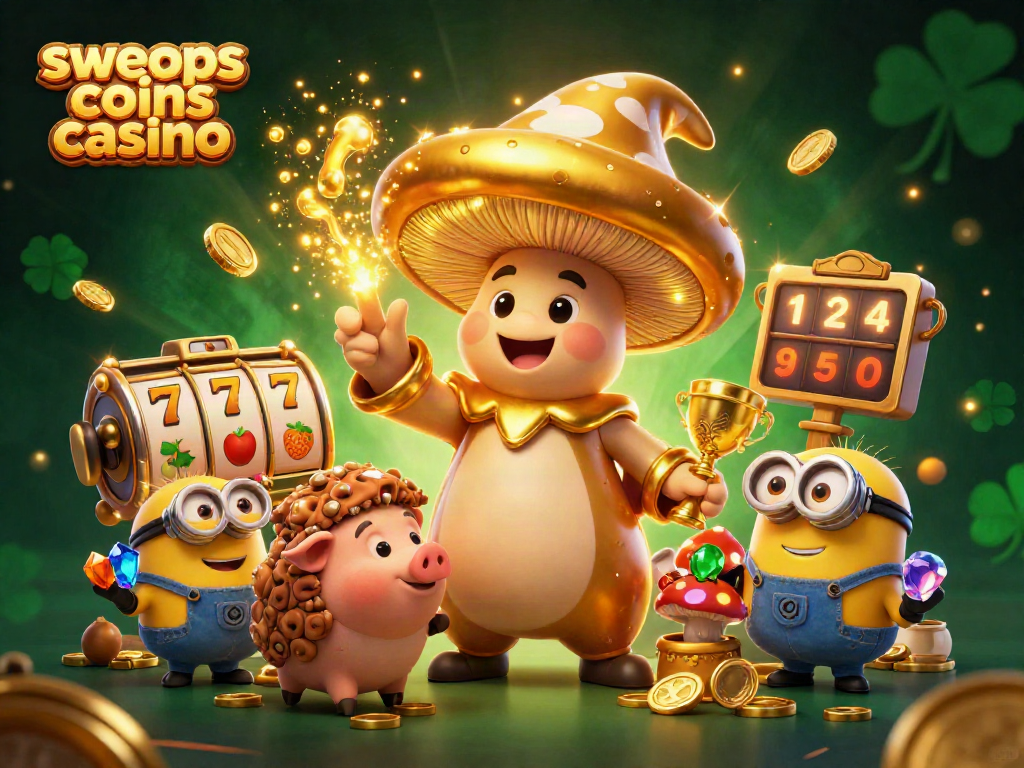 Sweeps coins casino features a golden mushroom wizard and treasure-seeking pig in a vibrant scene.