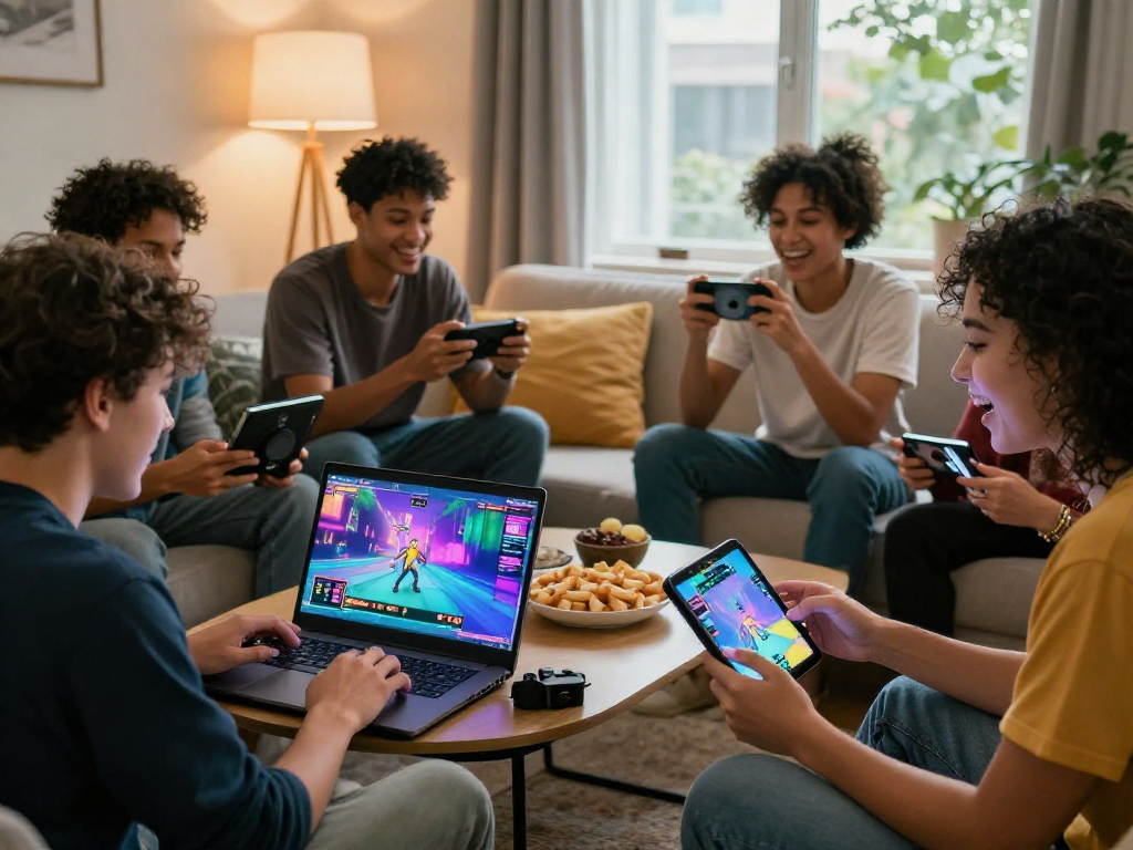 Engaging scene of players enjoying sex games online in a cozy living room, showcasing colorful graphics across devices.