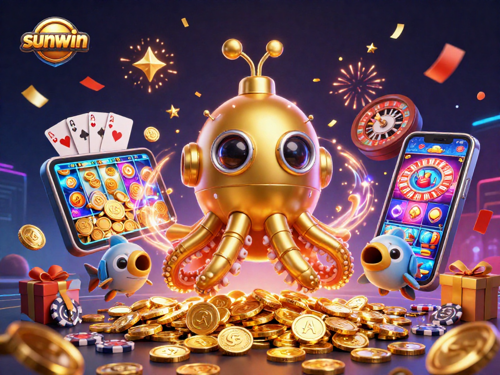 Experience the thrill of sunwin with the golden kraken submarine amidst a dynamic casino scene.