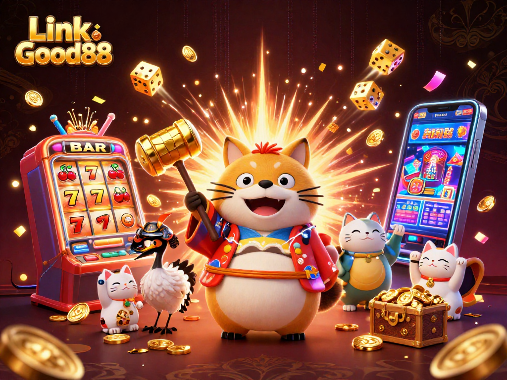 Spin slots confidently with the captivating Link Good88 as animated characters celebrate jackpots.