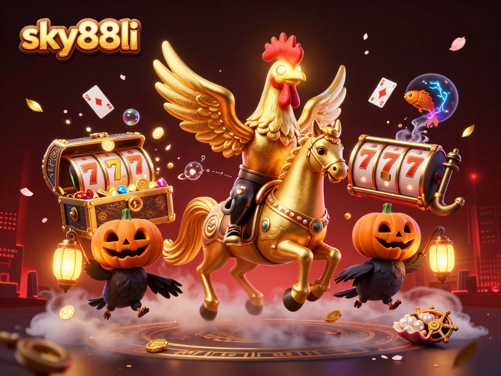 Experience thrilling gameplay at sky88li with golden rooster and animated casino elements in a vibrant setting.