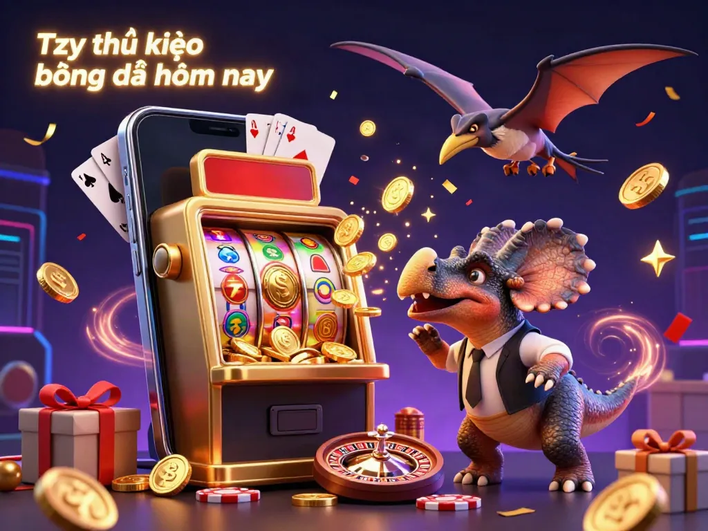 Tỷ lệ kèo bóng đá hôm nay illustrated scene with a pachycephalosaurus triggering a jackpot at a casino.