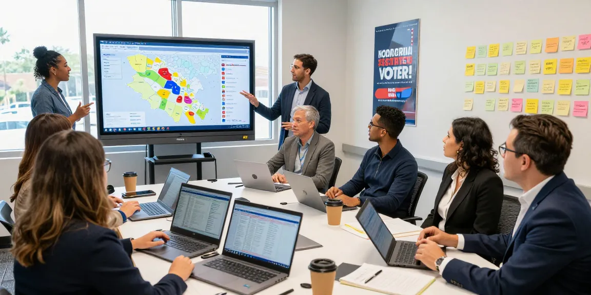 Dynamic team strategy meeting with ballot measure campaign agency reviewing voter data and targeting metrics