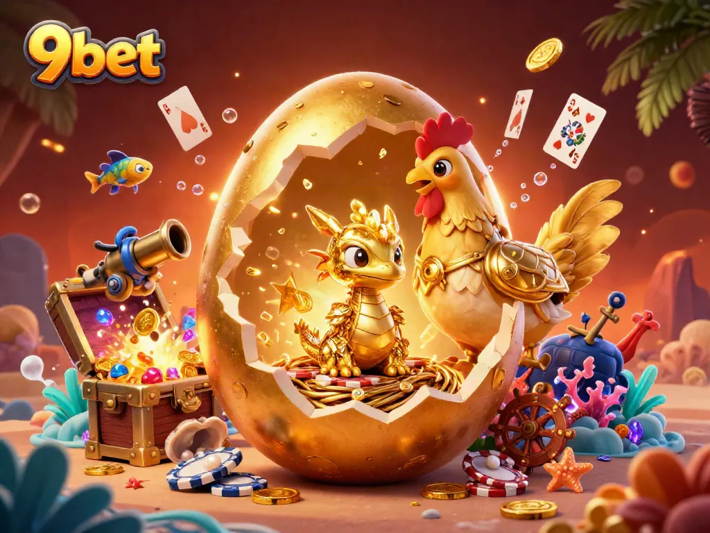 Experience the thrill of victory with 9bet's 3D casino illustration showcasing a golden dragon guarding poker chips.