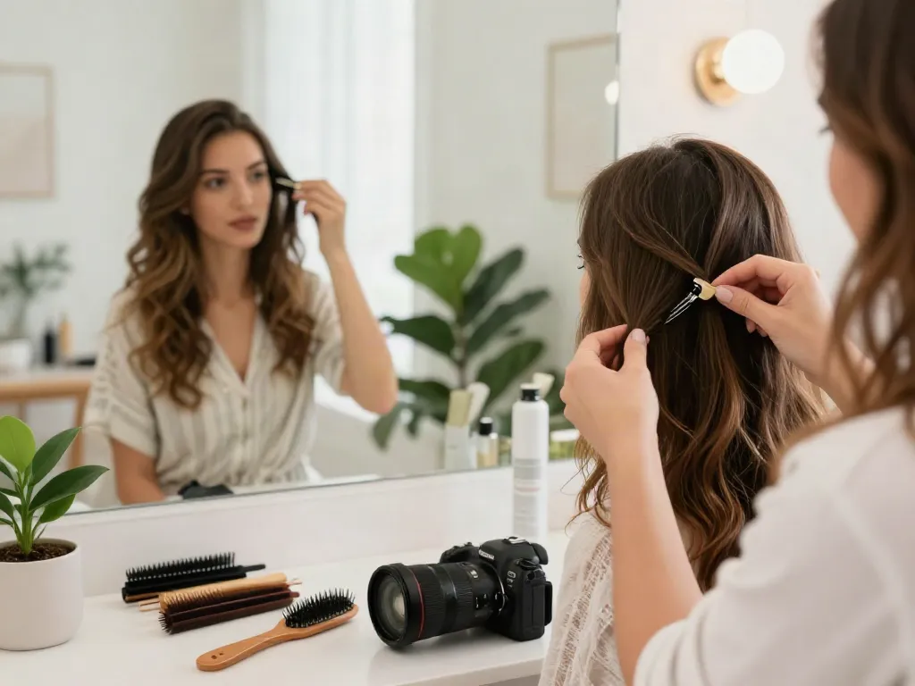 Applying clip ins for thin hair in a stylish bathroom, showcasing transformation with seamless extensions.