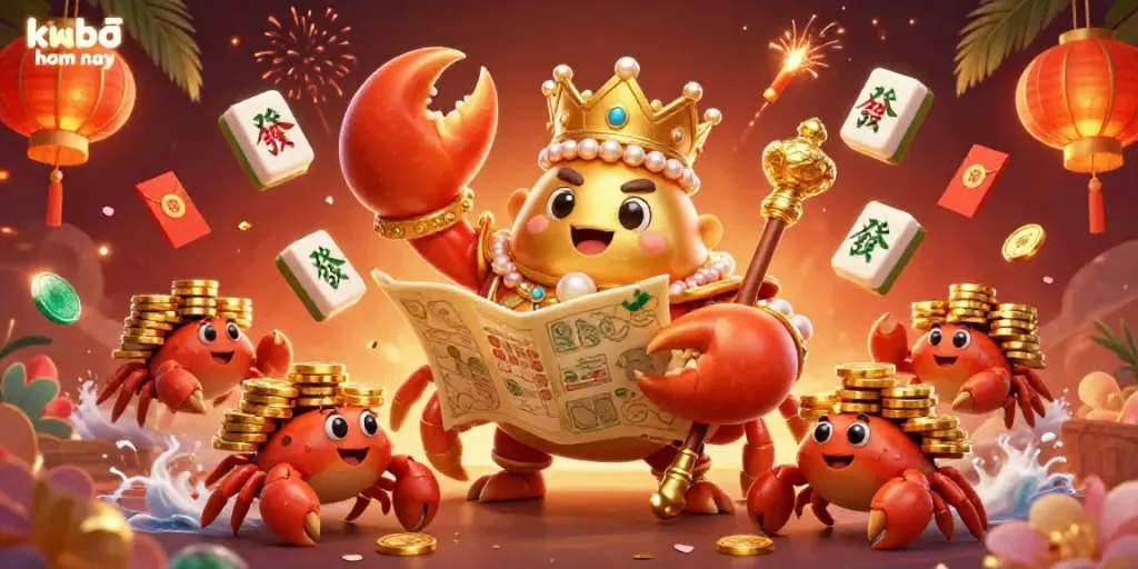 Experience thrilling kqbđ hom nay action with a golden crab emperor holding treasure amidst vibrant gambling elements.