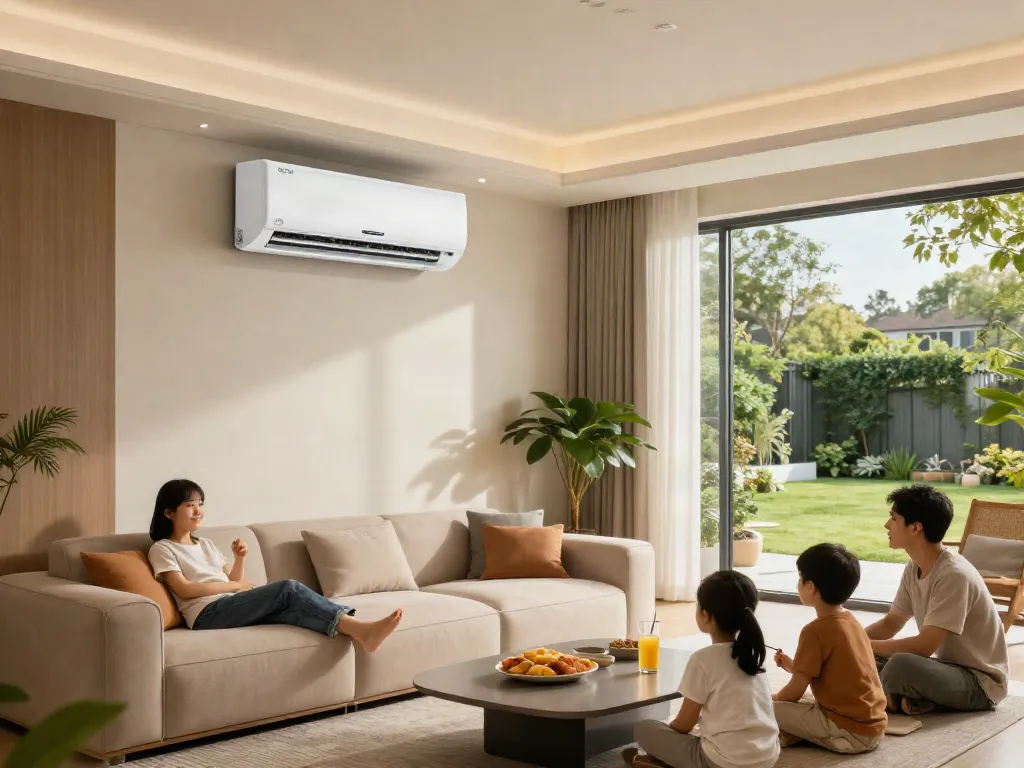 Family enjoying cozy movie night with 18k mini split air conditioning