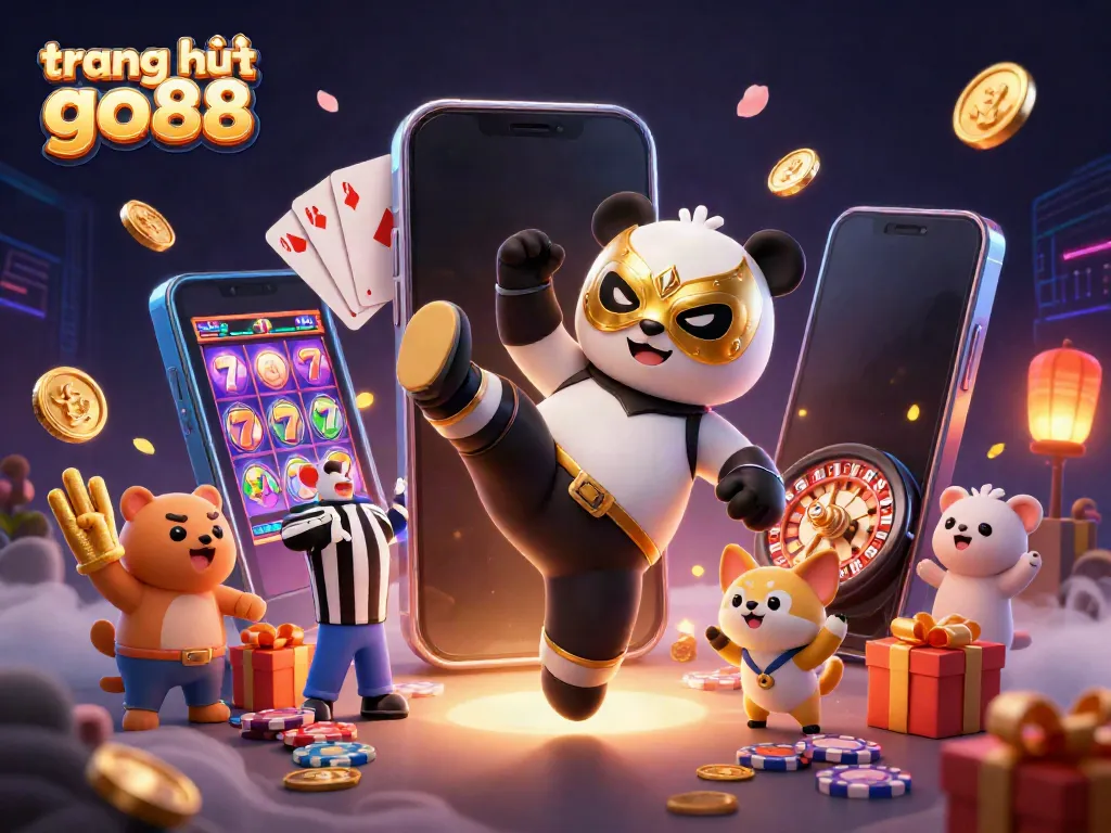 Engage with exciting games at trang chủ go88 while a panda wrestles amidst golden coins and cheering fans!