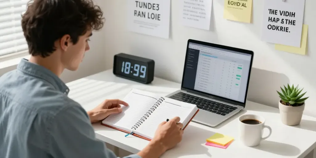 Focused individual using a productivity planner in a bright home office emphasizing discipline and energy, related to rokok88 rtp.