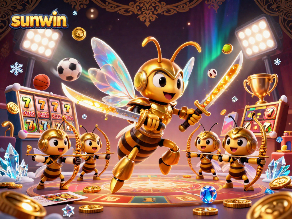 Engaging sunwin casino scene with a golden hornet in samurai armor and slot machines, showcasing excitement.