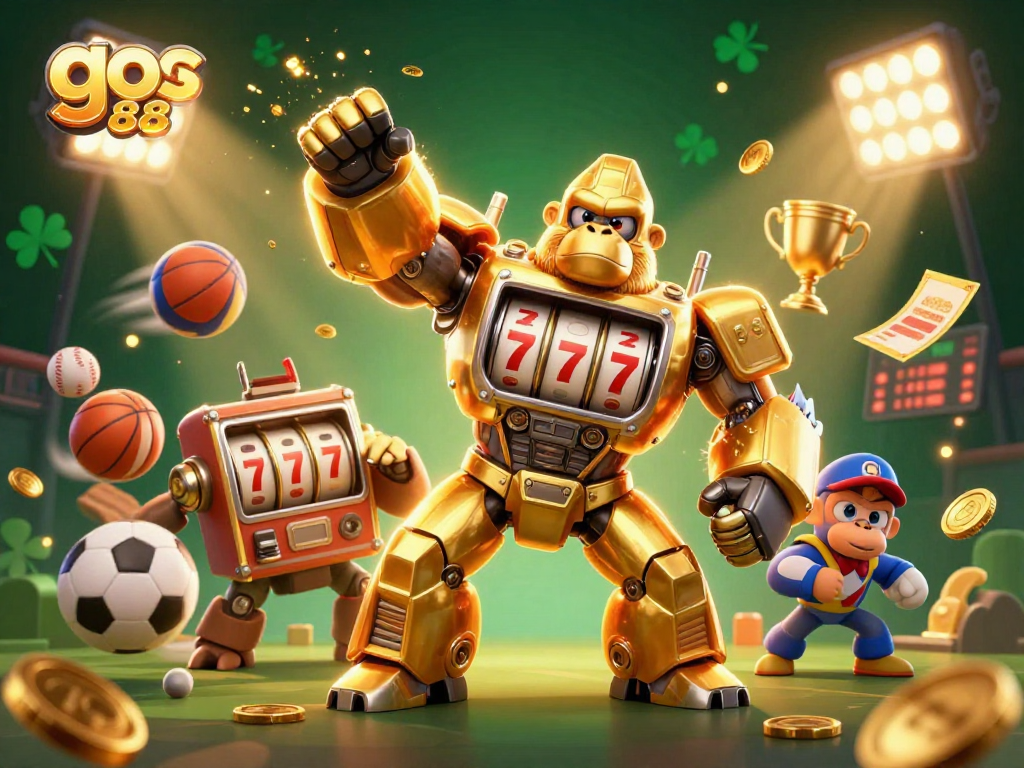 Engage with go 88's vibrant gaming universe featuring a dynamic golden gorilla mech amidst thrilling sports elements.