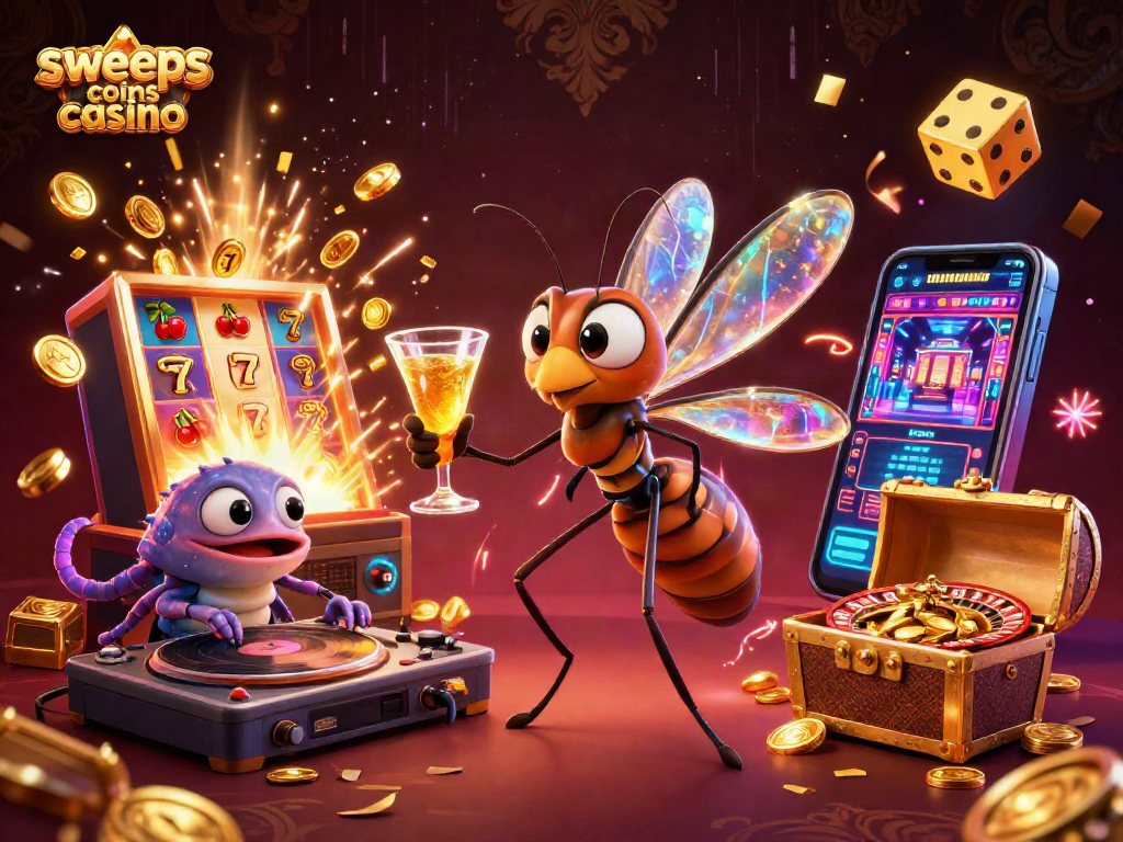 Join the excitement at sweeps coins casino with illustrated characters and vibrant game elements.