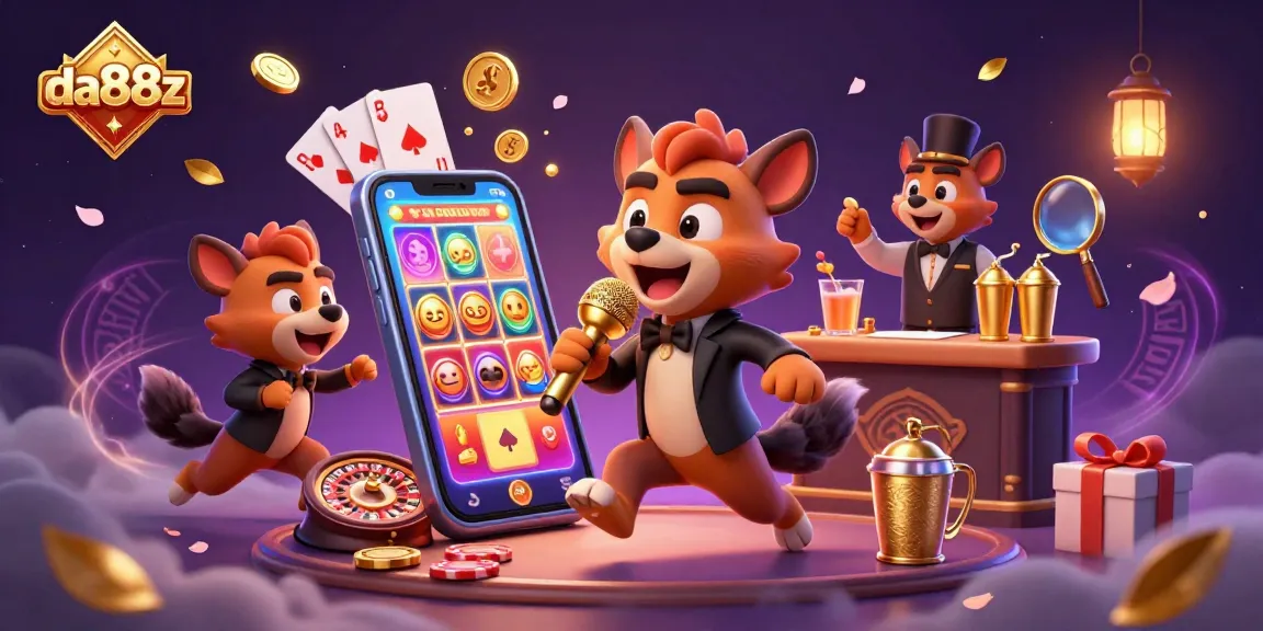 Experience excitement at da88z with animated hyenas in a vibrant casino scene featuring a colorful slot game and golden coins.