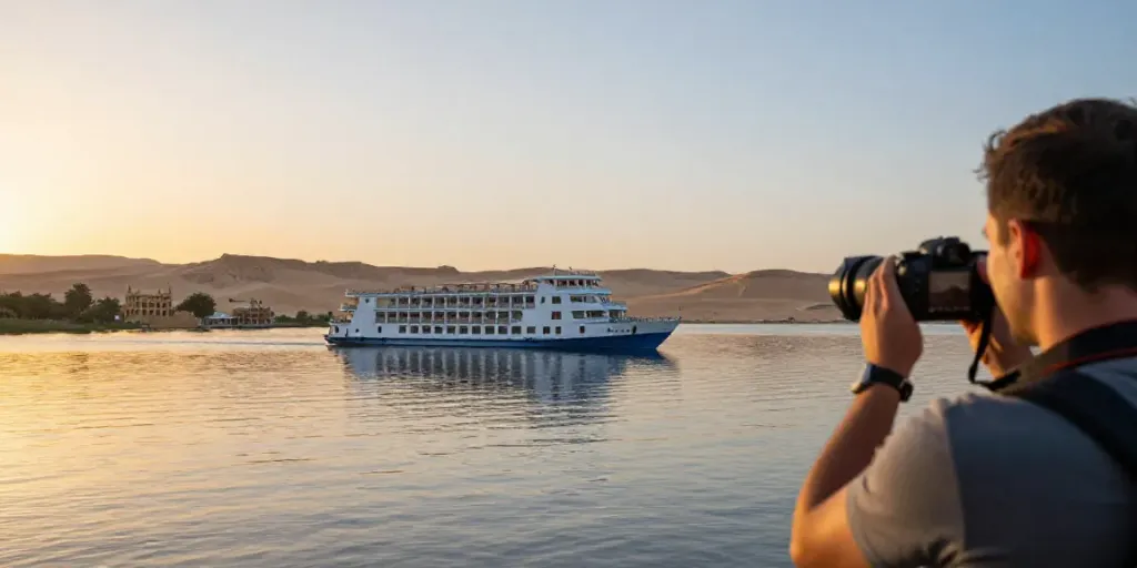 Lake Nasser Cruise at sunrise with serene waters and stunning desert reflections