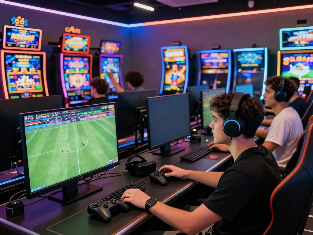 Gem88 gaming scene with diverse players immersed in sports betting and casino games, showcasing excitement.