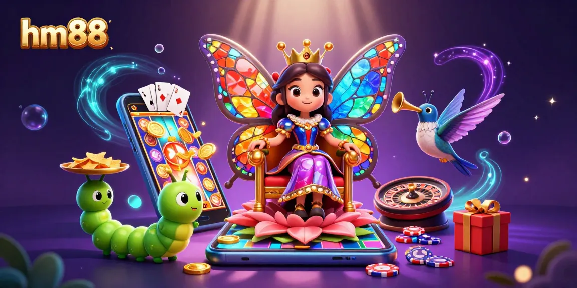 Experience gaming excitement with hm88 as a cartoon butterfly queen mesmerizes players in a colorful casino scene.