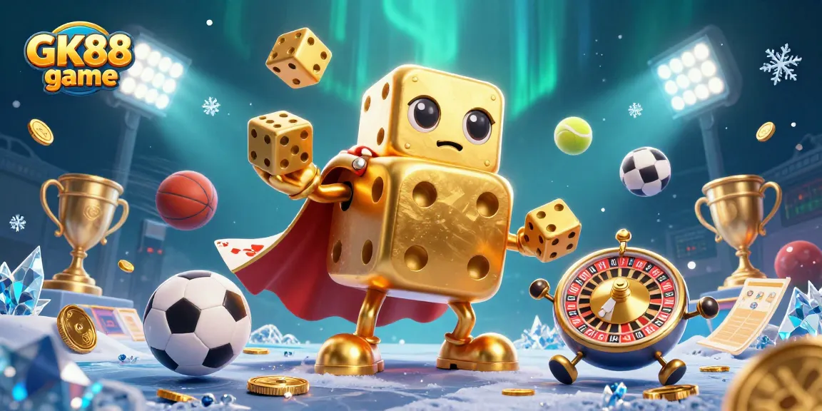 Experience the thrilling GK88 game with a vibrant scene of a dice golem and sports elements, capturing excitement and fun.