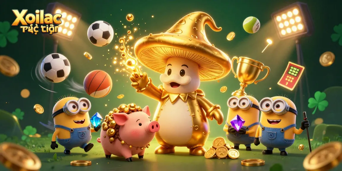 Xoilac trực tuyến offers dynamic sports betting action with a colorful 3D illustration of magical characters and vibrant sports elements.