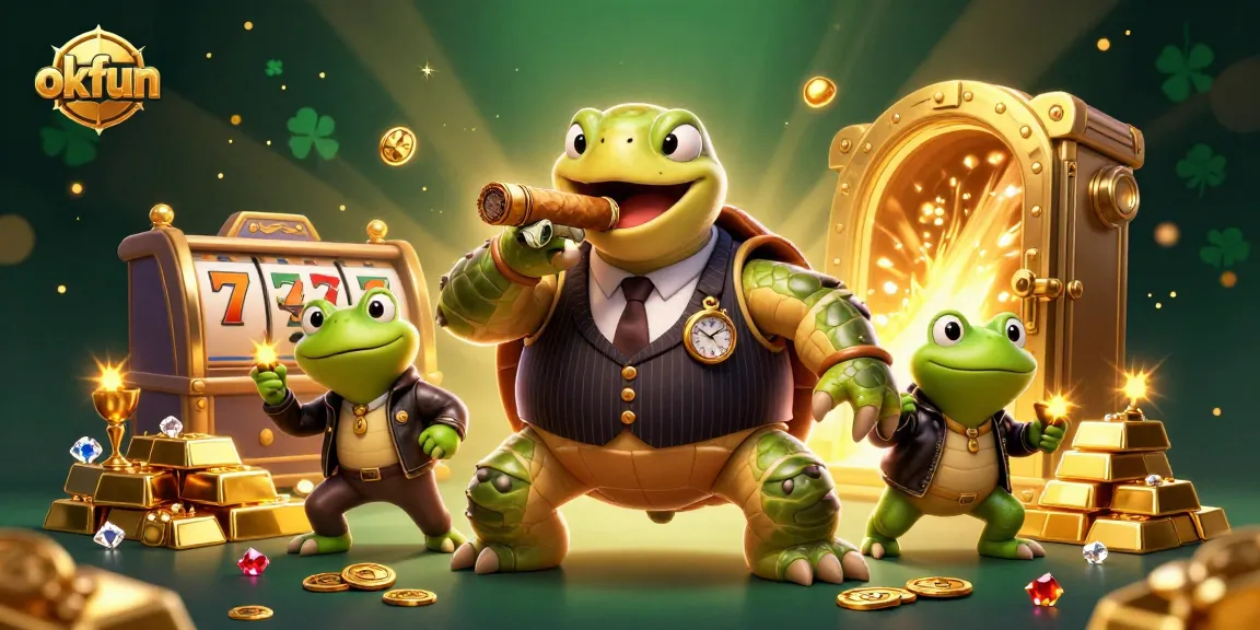 Engage with OKFUN in an ultra-detailed 3D casino scene featuring vibrant characters and rich gaming elements.