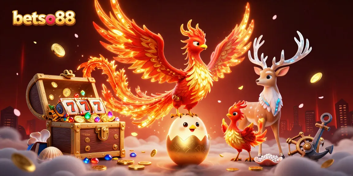 Betso88 offers an exciting scene of a phoenix rising, enriching the gaming experience in a vibrant casino.