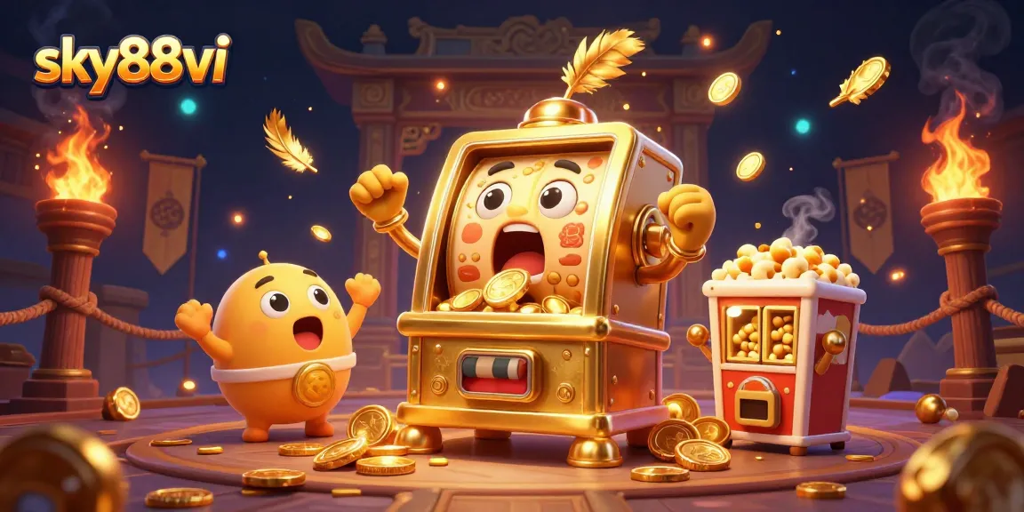 sky88vi slot machine hits jackpot while cheering mini machines and popcorn machine explode with coins