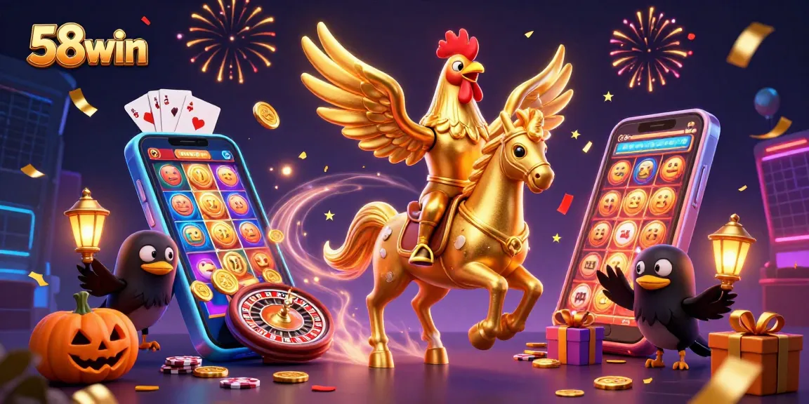 Experience the thrill of 58win's casino games with vibrant visuals of glowing characters and slot reels.