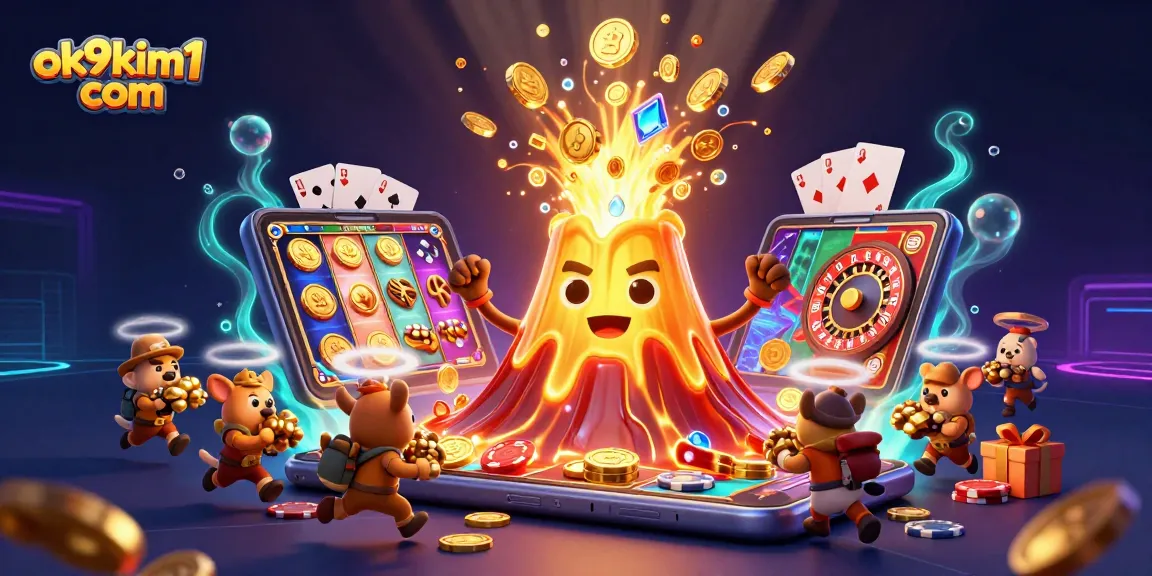 Spin to win with ok9kim1 com in this vibrant 3D illustration featuring dynamic casino elements.