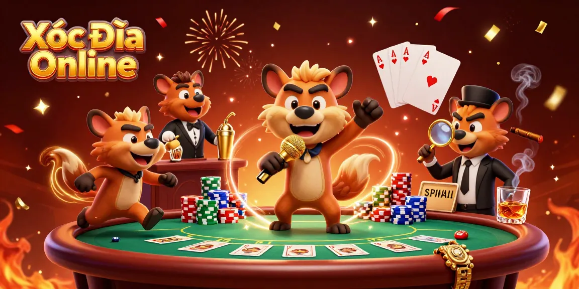 Xóc Đĩa Online scene with hyenas as a comedian, bartender, and bouncer in a vibrant casino setting.