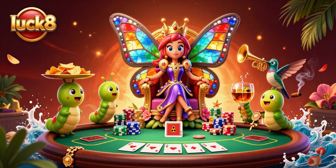 Experience the excitement of luck8 with a vibrant 3D scene featuring a butterfly queen and poker elements.