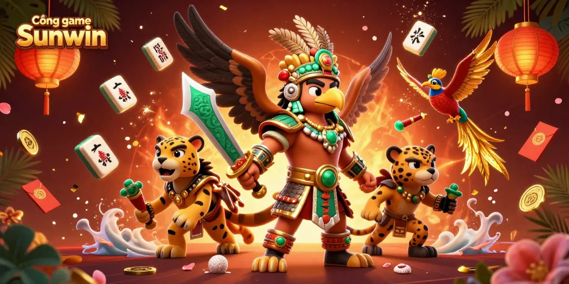 Experience the thrill of Cổng game Sunwin with our vibrant 3D illustration, showcasing Aztec warriors and dynamic gaming elements.