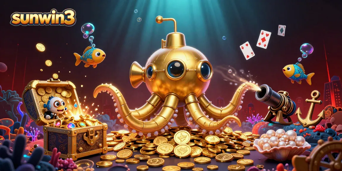 Experience the thrilling world of sunwin3 with a vibrant underwater casino scene filled with golden treasures.