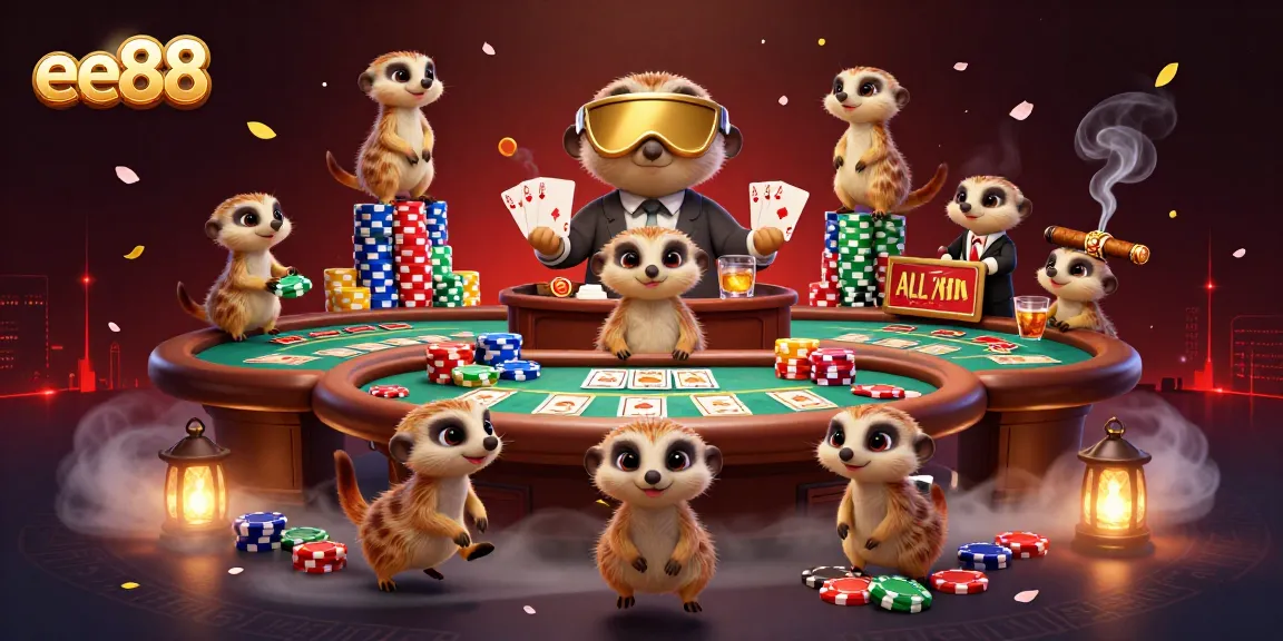 Engage in exhilarating poker play at ee88 with meerkats managing a lively casino scene.