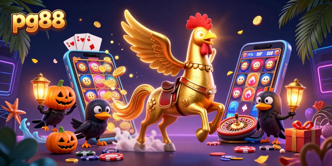 Experience vibrant pg88 gaming action as golden rooster rides through a lavish casino scene.