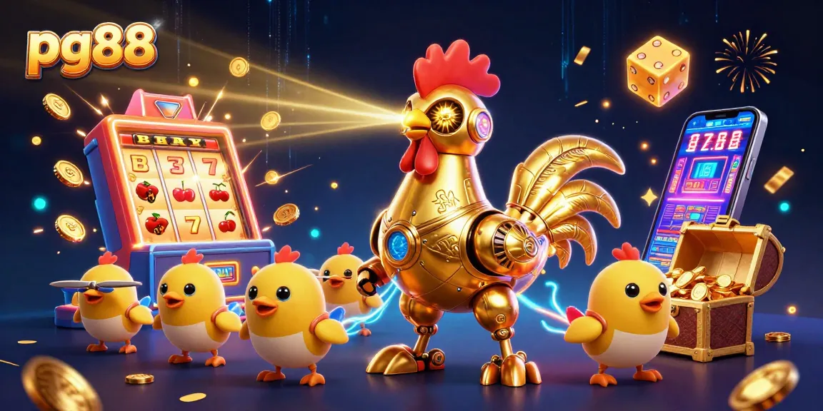 Experience the excitement of pg88 with a golden rooster robot leading a gaming adventure amid vibrant casino elements.
