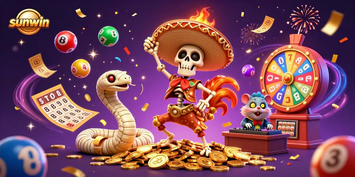 Experience the excitement of sunwin's gaming world with vibrant characters and golden lottery elements.